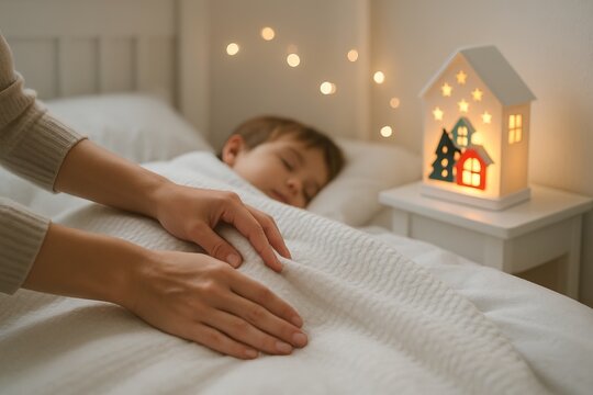 Mother tucking in sleeping boy with white blanket in cozy Christmas decorated bedroom with glowing night lights. Concept of peaceful childhood, winter bedtime routine, holiday atmosphere