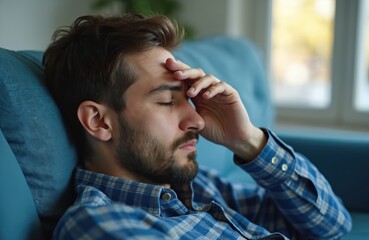 Man with beard touches forehead, eyes closed, suffering from headache migraine. Exhausted millennial rests on couch at home after work, experiencing fatigue, stress, seeking relief from pain,