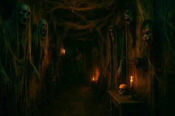 Haunted horror room with eerie figures, cobwebs, and candlelit skulls creating spooky atmosphere for halloween. concept of haunted house, fear, dark ambiance