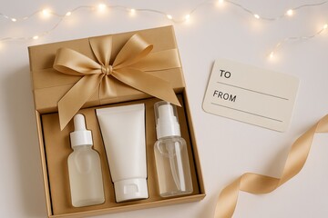 Christmas Cosmetic gift set with card and ribbon for special occasions. concept of elegant present, beauty products, gift giving, special surprise, copy space, mockup