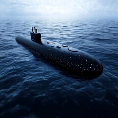 A submarine floats on dark water.