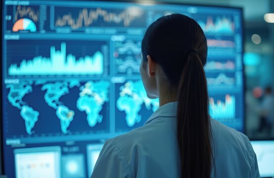 Female doctor reviews global health data on digital display in hospital lab. Scientist analyzes medical information, research, charts, and world maps on screen for healthcare innovation.