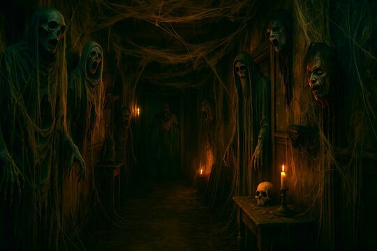 Haunted horror room with eerie figures, cobwebs, and candlelit skulls creating spooky atmosphere for halloween. concept of haunted house, fear, dark ambiance