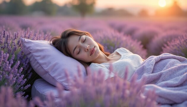 Young woman sleeps peacefully on lavender pillow in blooming field during sunset. Soft purple blanket covers her body. Serene nature scene evokes relaxation, aromatherapy benefits and dreamy sleep.