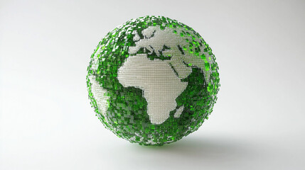 Minimalist 3D pixelated Earth globe in vibrant green tones. Abstract digital design symbolizing technology, global connectivity, and sustainability. Clean modern concept with geometric style.

