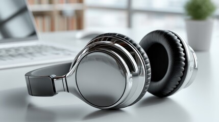 Sleek Silver Headphones on Desk near Laptop