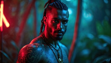 Tattooed tribal warrior in neon jungle. Mystical, serene portrait illuminated by vibrant red, blue lights. Features dreadlocks, beard, ancient body art, jewelry. Spiritual, peaceful, fantasy