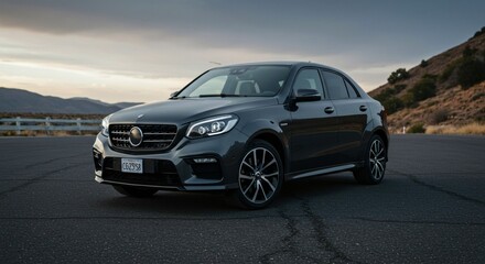 a black car parked on the side of a road