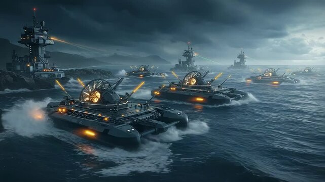 Futuristic navy ships in stormy sea