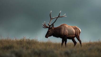 A vertical shot of the elk grazing on the grass
