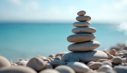 Stack of balanced smooth pebbles on a beach with calm blue sea and bright sky in background. Represents harmony, tranquility and zen state. Stones piled carefully create a tower of nature elements.
