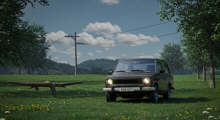 a car is parked in a field of flowers