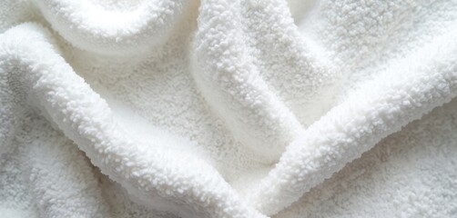 Close-up texture of soft white cotton fabric, likely plush towel blanket. Fluffy material features subtle, organic wave pattern with tiny fibers creating clean, warm, hygienic feel. Perfect for spa,