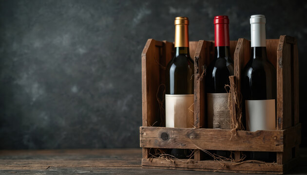 Three wine bottles presented in rustic wooden crate against dark, textured background. Bottles include one with gold cap, two with colored caps, resting on textured surface. Setup suggests curated