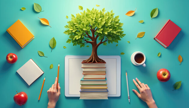 Digital education concept. Tree of knowledge grows from stack of books on tablet screen. Studying, learning materials, apples, coffee, pencils, notebooks arranged around workspace. Online courses.