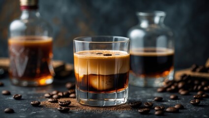 Glass of coffee cocktail with whiskey and empty space for text. Coffee beans around on a dark surface with bottles in the background.