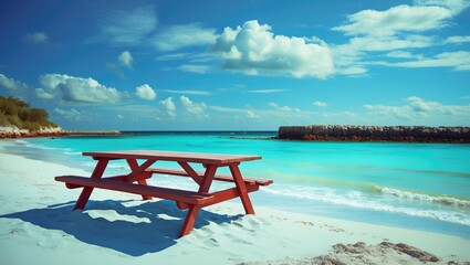 Serene beach scene with a wooden picnic table on the sandy shore, turquoise ocean under a vibrant blue sky with light clouds, and a rocky breakwater in the background.