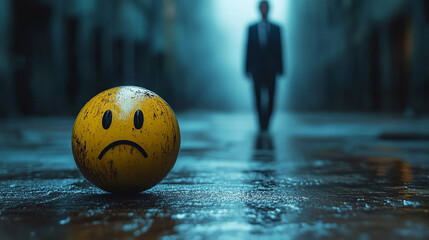 A blurred businessman walks away from a sad face stress ball on the ground, symbolizing workplace stress, anxiety, and emotional burnout. Metaphor for corporate pressure. Caption space on the side.

