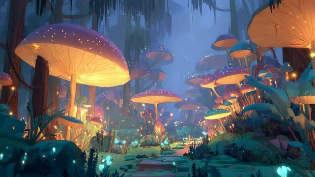 Glowing mushroom forest pathway