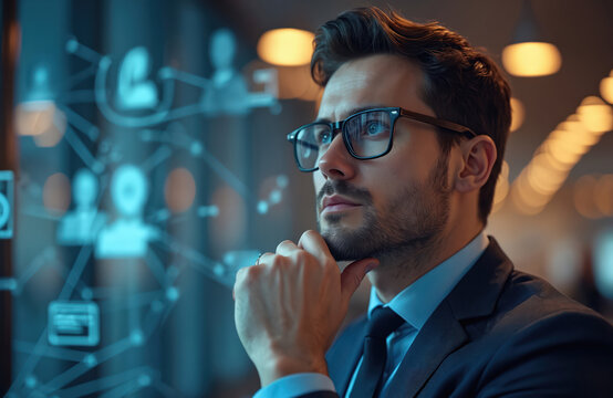 Handsome businessman in suit contemplates hiring new employees. Thoughtful entrepreneur studies HR network icons, planning recruitment strategy for international business consulting firm.
