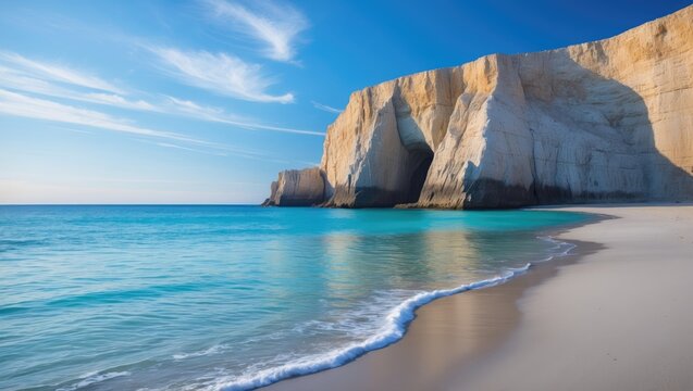 A beach with a rocky cliff in the background. The water is calm and the sky is clear.