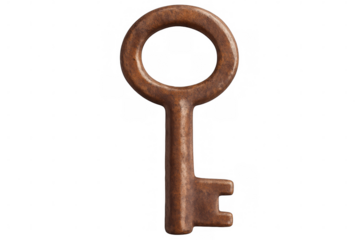 Vintage rusty key with circular handle, symbolizing forgotten secrets and historical intrigue against transparent backdrop