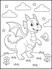 Cute Standing Dragon Coloring Page – Fun Black and White Printable for Kids