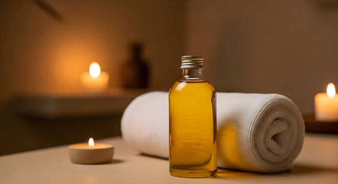 Spa treatment oil and towel with burning candles