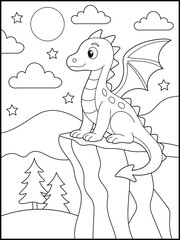 Scenic Dragon on Cliff Coloring Page – Fantasy Landscape Line Art for Kids