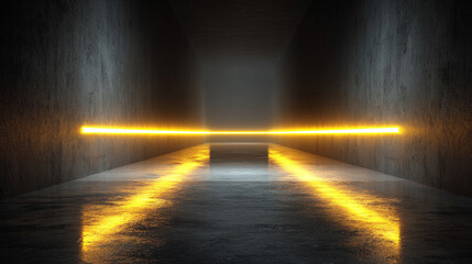 A vivid yellow laser beam cuts through the darkness, illuminating a mysterious room with sharp light contrast. Modern, high-tech atmosphere. Empty caption space on the side for text or design.

