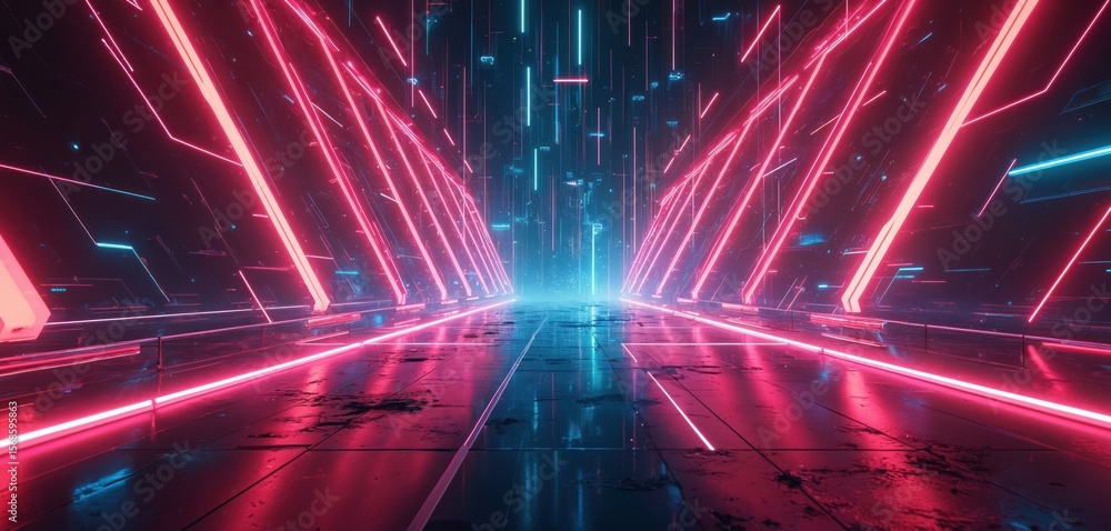 Poster abstract illustration features a futuristic tunnel with glowing neon lines in pink and blue. the dig