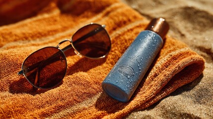 Summer Essentials: Sunglasses and Sunscreen on a Beach Towel
