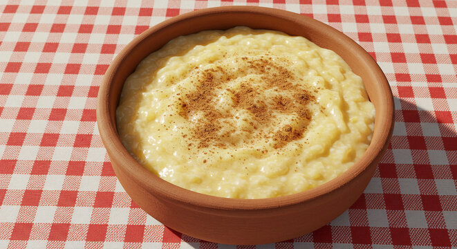 Creamy Rice Pudding Garnished with Cinnamon in a Terracotta Bowl on a Red and White Checkered Tablecloth, Evoking a Cozy, Homel...