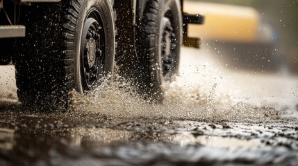 Truck splashing through a muddy puddle, tire close-up, powerful movement, water droplets, dynamic action, off-road vehicle, rugged terrain, wet asphalt, muddy road.