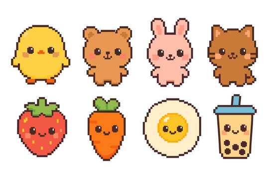 Cute pixel art vector illustration: animals and food characters for digital design
