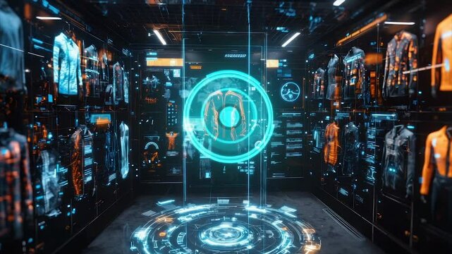 Futuristic clothing display with holographic projections.  Interactive digital wardrobe with garment data