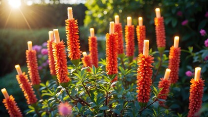 Firecracker-like flowers blooming in the garden under daylight, a species of shrubbery plant.
