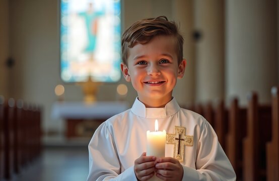 Joyful young boy in white gown holds lit candle, celebrating his First Holy Communion in church. Smiling child with sacrament accessory near altar, spiritual occasion, religious tradition.