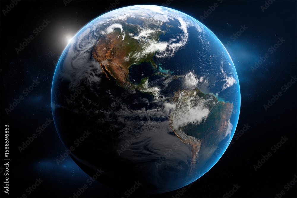 Aufkleber highly detailed earth viewed from space with visible continents and cloud formations illuminated in 