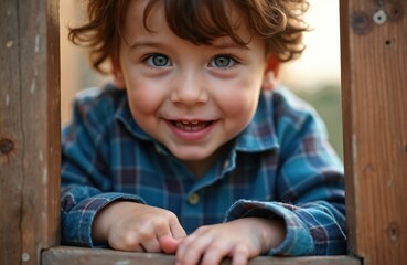 Smiling toddler boy in blue plaid shirt peeks over wooden playground structure. Close-up portrait captures happy childhood emotion. Outdoor spring park scene with natural lighting, blurred background.