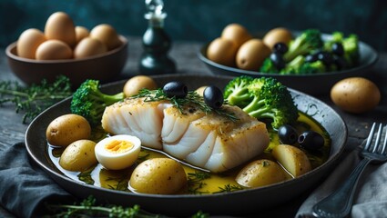 Baked cod loin in olive oil with potatoes, broccoli, boiled egg, and black olives. Typical dish with empty space for text.