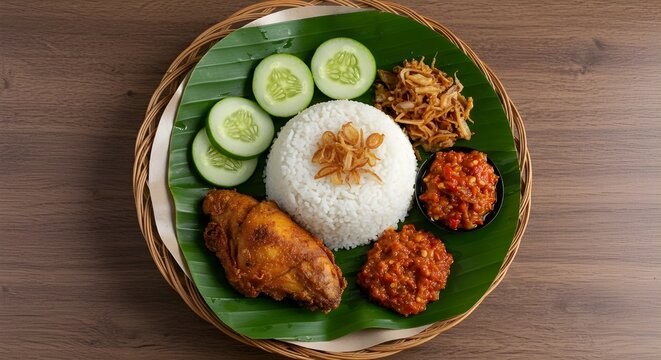 Side view of nasi Padang selection on a traditional banana leaf: beef rendang, green chili sambal, cassava leaf curry, and perkedel