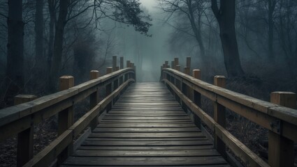 A small wooden bridge over a foggy forest trail.