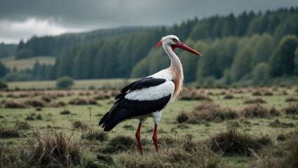 Fototapeta premium A black, white, and red stork standing in a field, pastureland, or meadow with dense forest or moor behind it seen during a cloudy day on a countryside during a hike