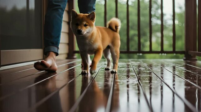 A Shiba Inu explores a wet wooden porch, its fur slightly damp from rain
