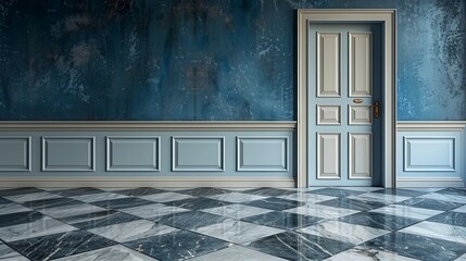 Ornate room with a blue textured wall, light trim, and checkered marble floor