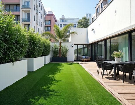 Modern urban terrace featuring artificial grass, potted plants, and contemporary furniture. Offers a stylish outdoor space for relaxation, dining, or entertaining with city views and rich plants.