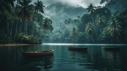 Equatorial Forest And Boats On The Lake with Empty Space for Text