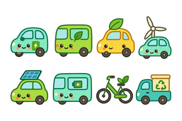 Eco-friendly transport vector illustration: cute cartoon vehicles for green living design