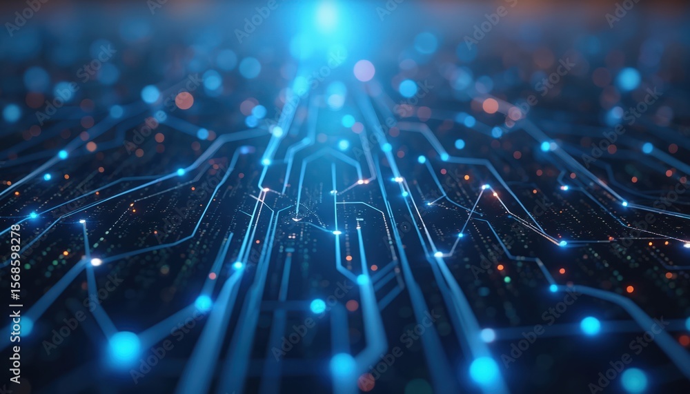 Aufkleber abstract glowing blue digital network illustration with data flow lines, connection points. futurist